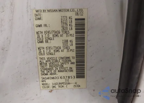 2012 Nissan Pathfinder S z USA, uszkodzony, nr VIN 5N1AR1NB2CC637853